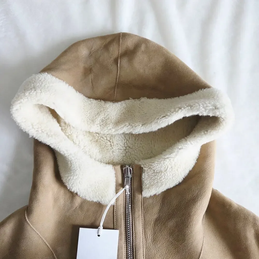 Filippa K Veda Suede Shearling Hooded Anorak Coat XS S
